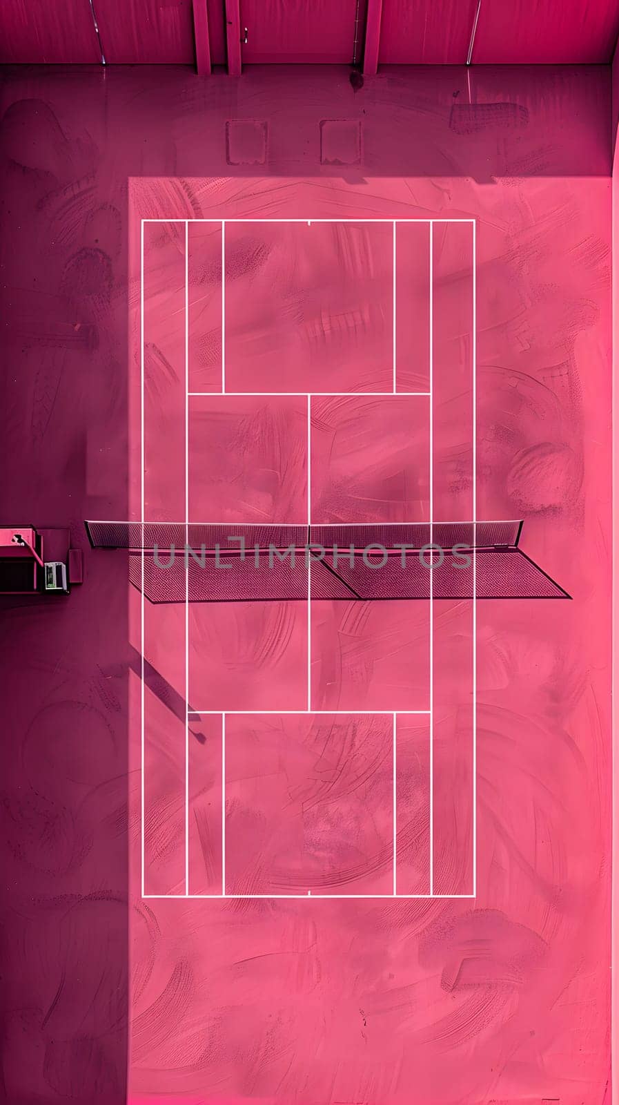 A rectangular tennis court viewed from above, situated in a pink room with violet walls. The room has a window, a door made of wood, and automotive lighting
