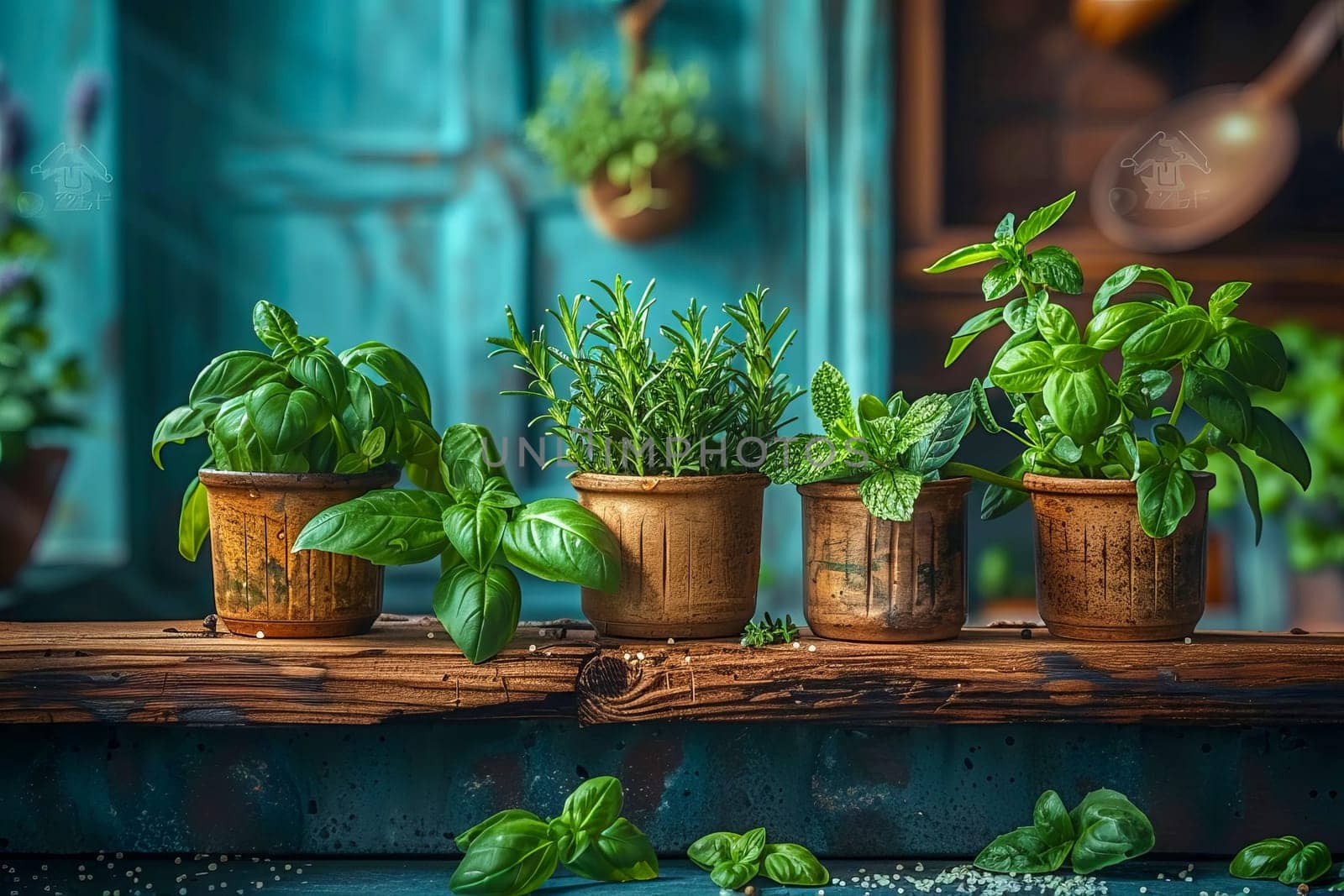 Rustic Kitchen Herb Pots. AI generated.