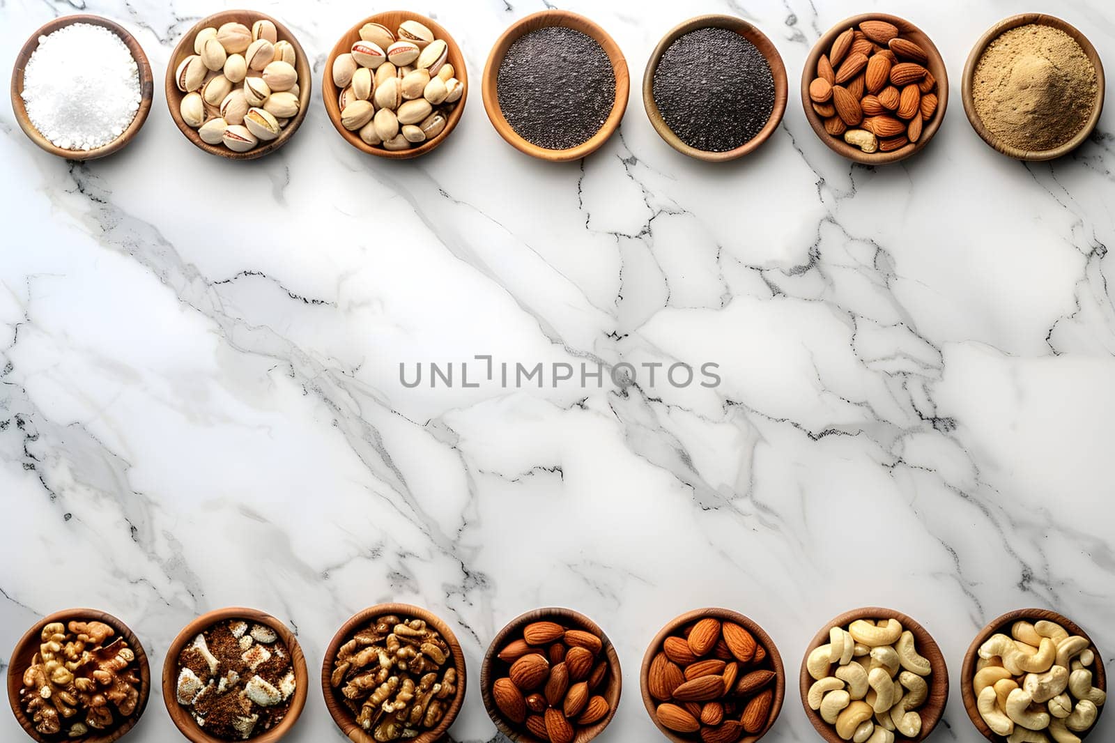 Assorted nuts and spices in wooden bowls on a marble surface by Nadtochiy
