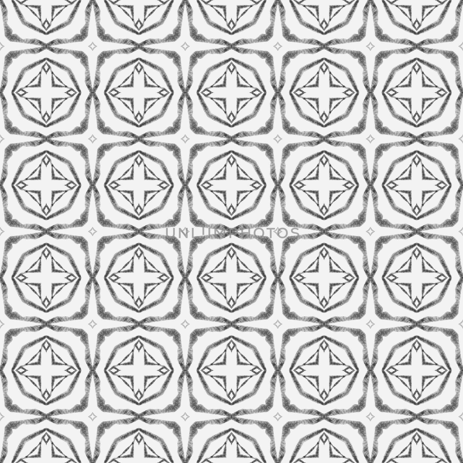 Textile ready modern print, swimwear fabric, wallpaper, wrapping. Black and white noteworthy boho chic summer design. Tiled watercolor background. Hand painted tiled watercolor border.