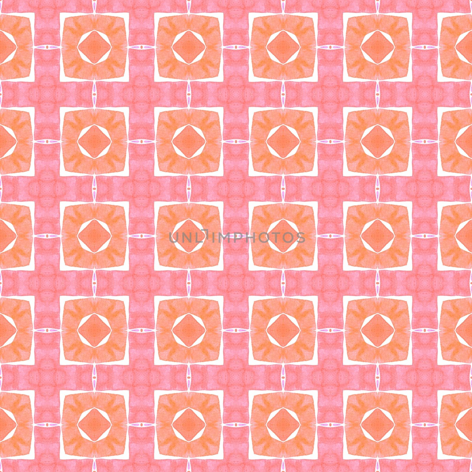 Watercolor ikat repeating tile border. Orange excellent boho chic summer design. Ikat repeating swimwear design. Textile ready imaginative print, swimwear fabric, wallpaper, wrapping.