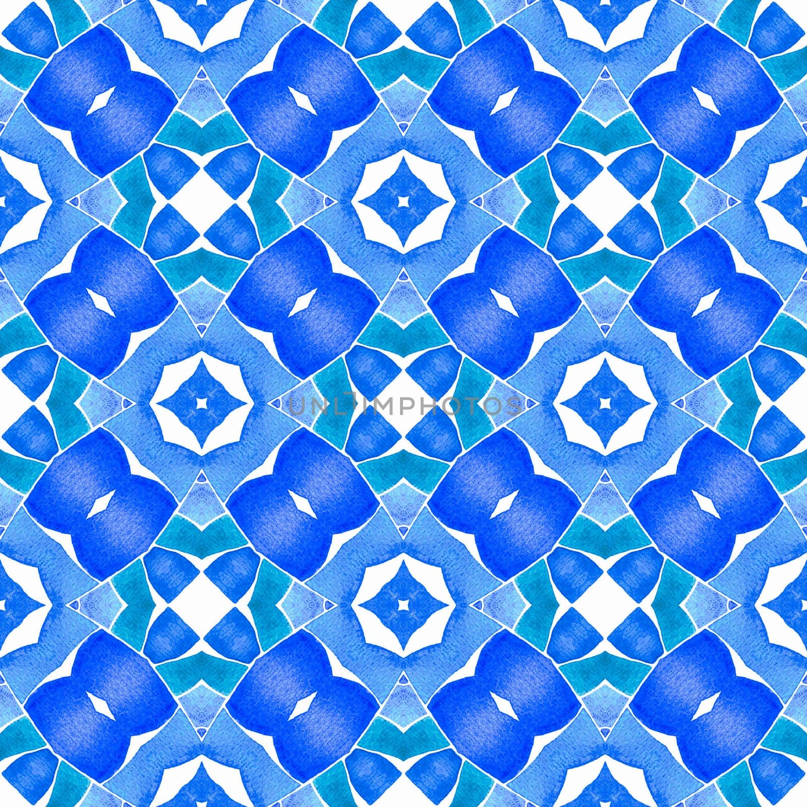 Textile ready symmetrical print, swimwear fabric, wallpaper, wrapping. Blue splendid boho chic summer design. Trendy organic green border. Organic tile.