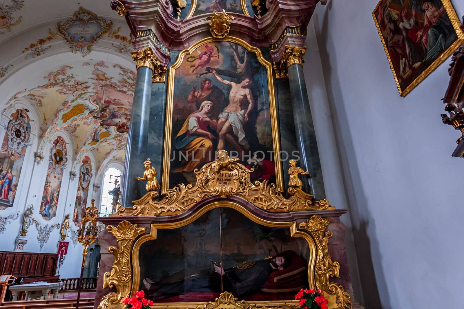 SCHONGAU, BAVARIA, GERMANY, JUNE 01, 2022 : interiors, frescoes and architectural decors of  Schongau church by various anonymous artists, 18th century