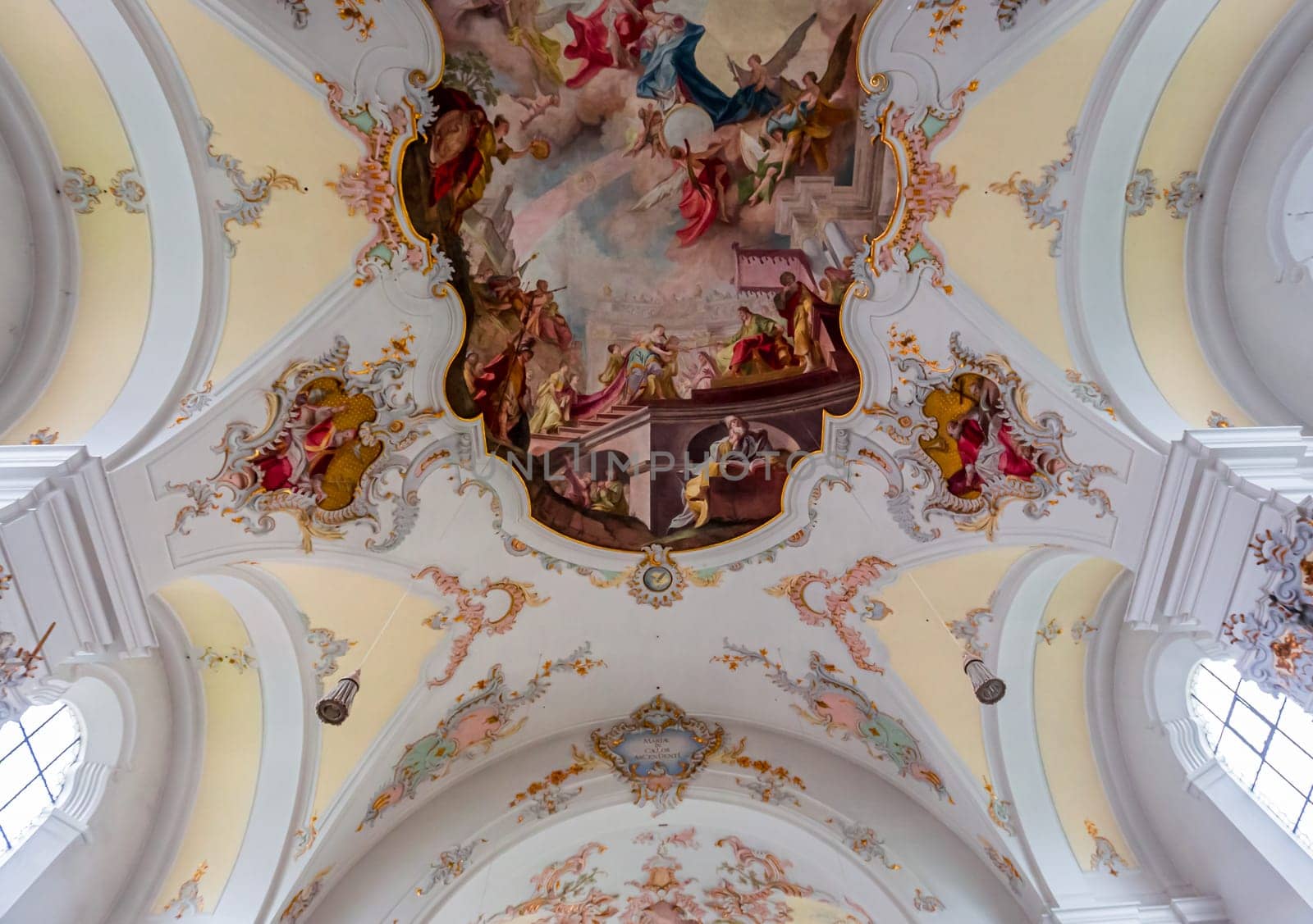 SCHONGAU, BAVARIA, GERMANY, JUNE 01, 2022 : interiors, frescoes and architectural decors of  Schongau church by various anonymous artists, 18th century