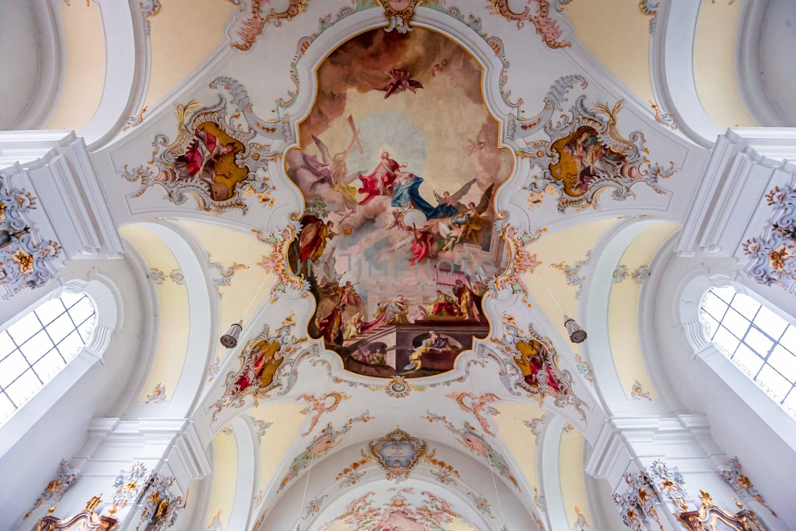 SCHONGAU, BAVARIA, GERMANY, JUNE 01, 2022 : interiors, frescoes and architectural decors of  Schongau church by various anonymous artists, 18th century