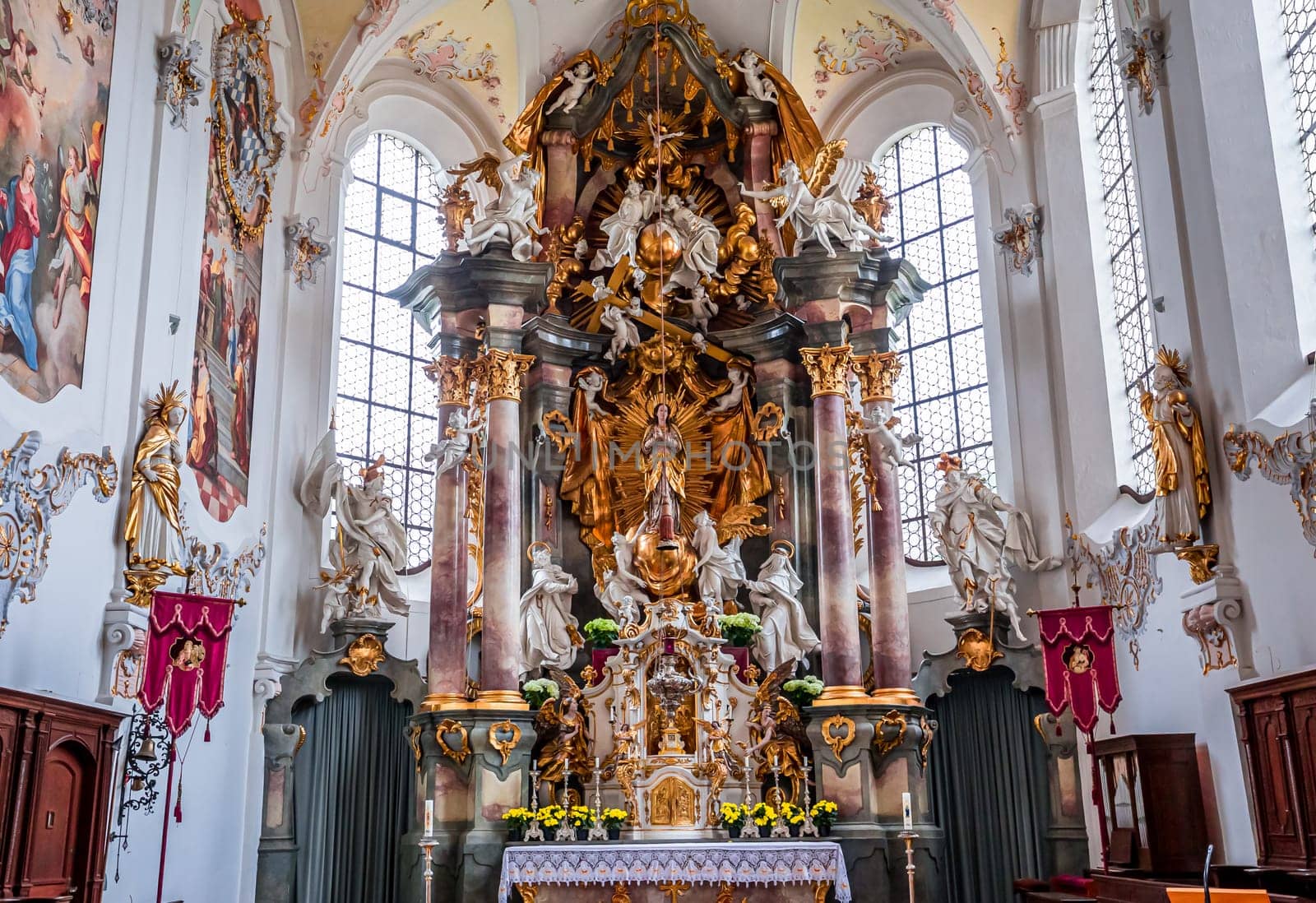 SCHONGAU, BAVARIA, GERMANY, JUNE 01, 2022 : interiors, frescoes and architectural decors of  Schongau church by various anonymous artists, 18th century