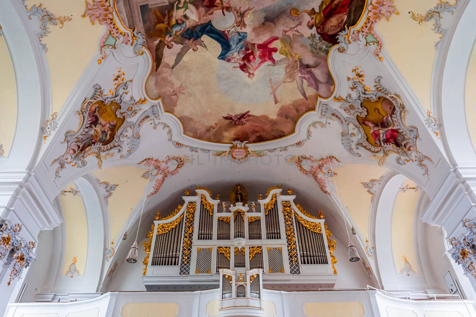 SCHONGAU, BAVARIA, GERMANY, JUNE 01, 2022 : interiors, frescoes and architectural decors of  Schongau church by various anonymous artists, 18th century