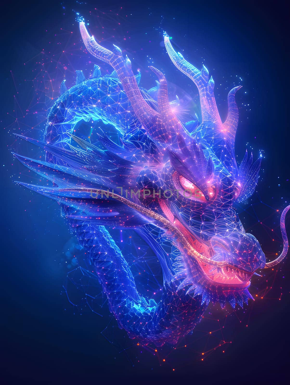 An azure dragon with violet eyes is luminescent in the darkness by Nadtochiy