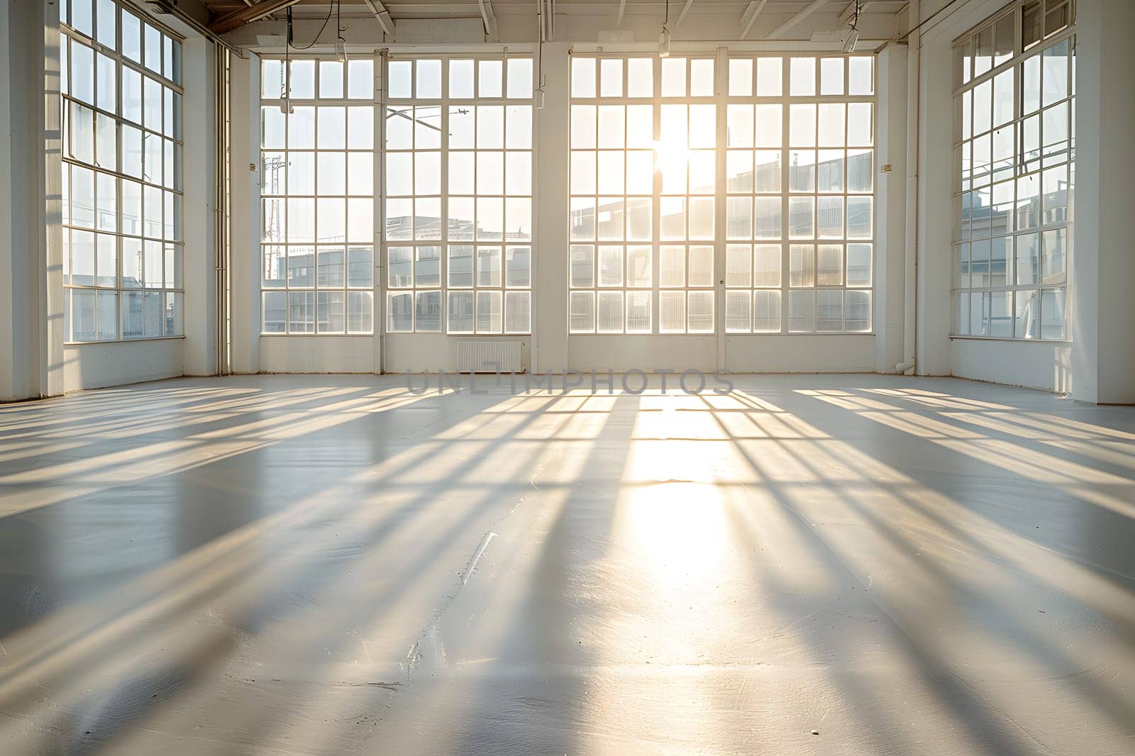 The sun shines through the window of an empty room with wooden flooring by Nadtochiy