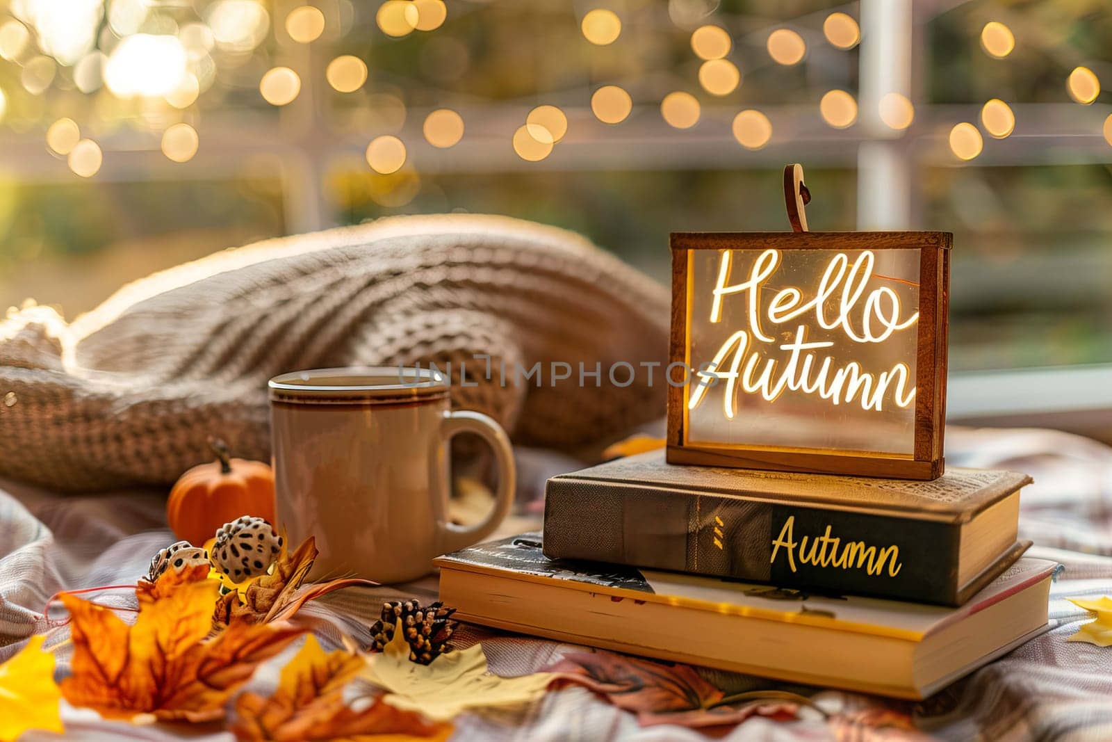 Cozy autumn with the inscription, hello autumn, with knitting. High quality