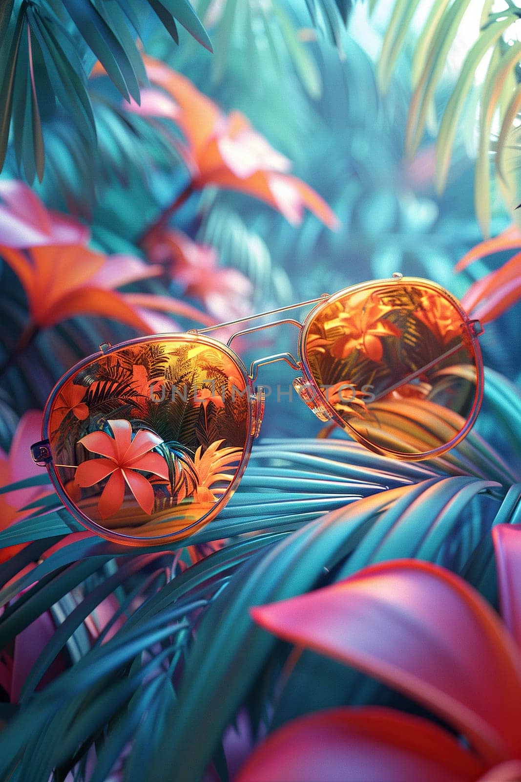 Summer background for stories on Instagram, Tik Tok. Vertical background with tropical leaves and sunglasses.