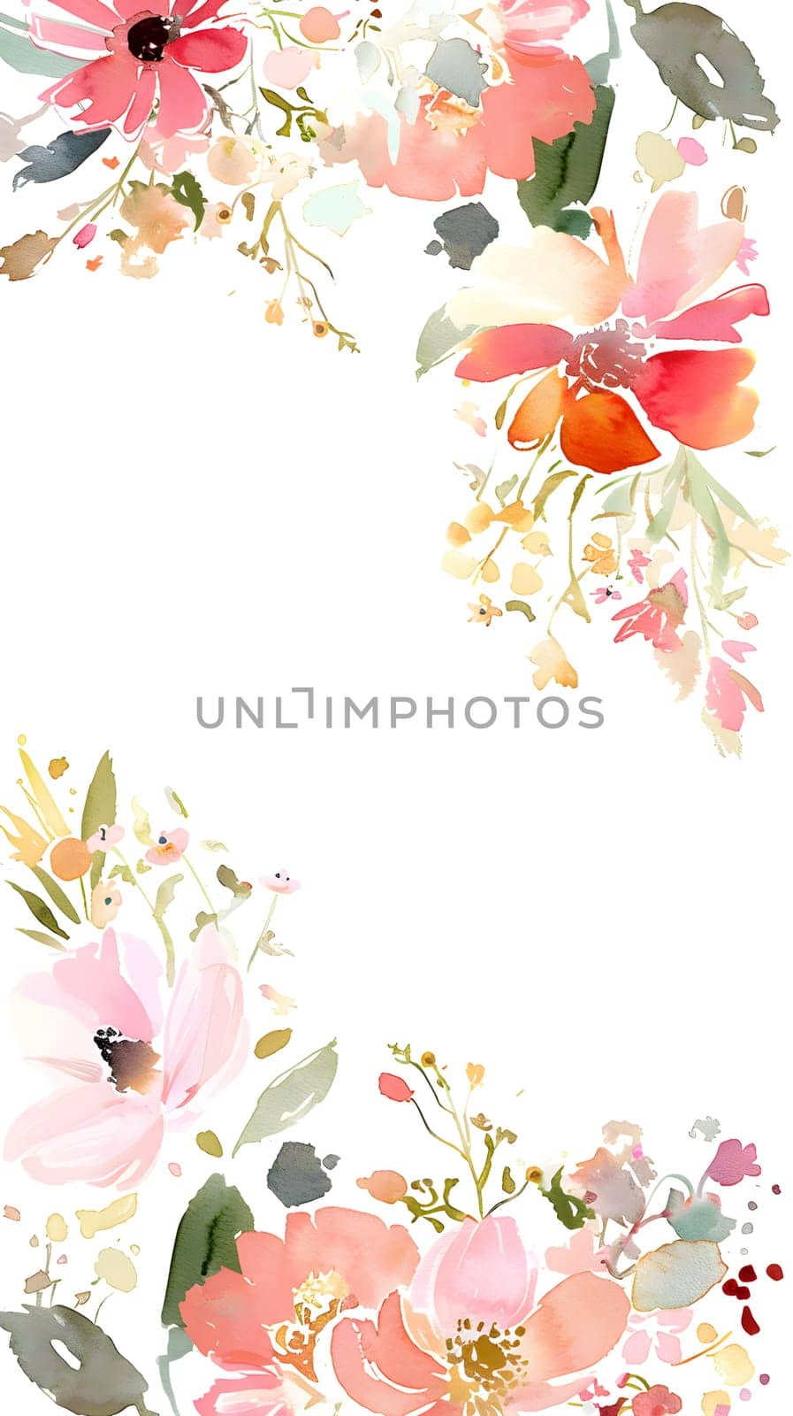 Watercolor painting of flowers and leaves on white background by Nadtochiy