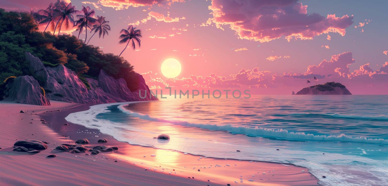 A beautiful tropical beach scene featuring palm trees, a sandy shore, blue water, and a distant island. The sun is setting, casting a warm glow over the sky and reflecting off the ocean.