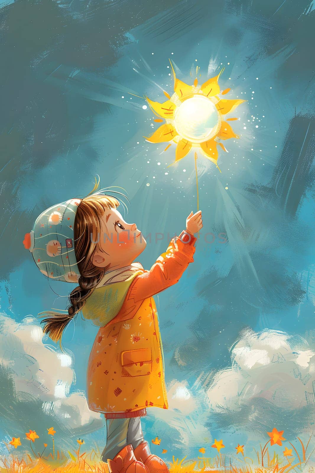 A young girl, surrounded by nature, joyfully holds up an orange sun in her hand, creating a playful and artistic gesture under the sunlight. A fun and whimsical scene with clouds in the background