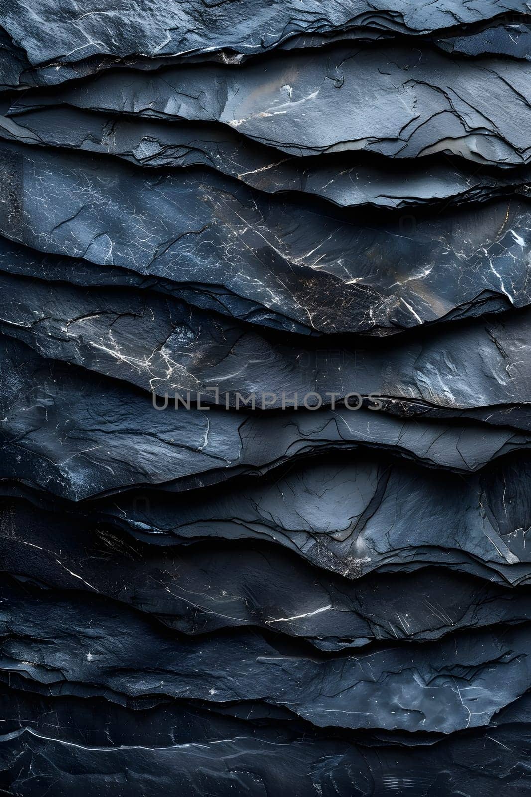 A close up of a stack of dark grey bedrock rocks in freezing landscape by Nadtochiy