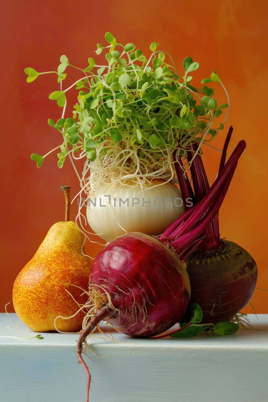 Fresh vegetables and a juicy pear on a table against a vibrant orange wall healthy eating and nutrition concept by Vichizh