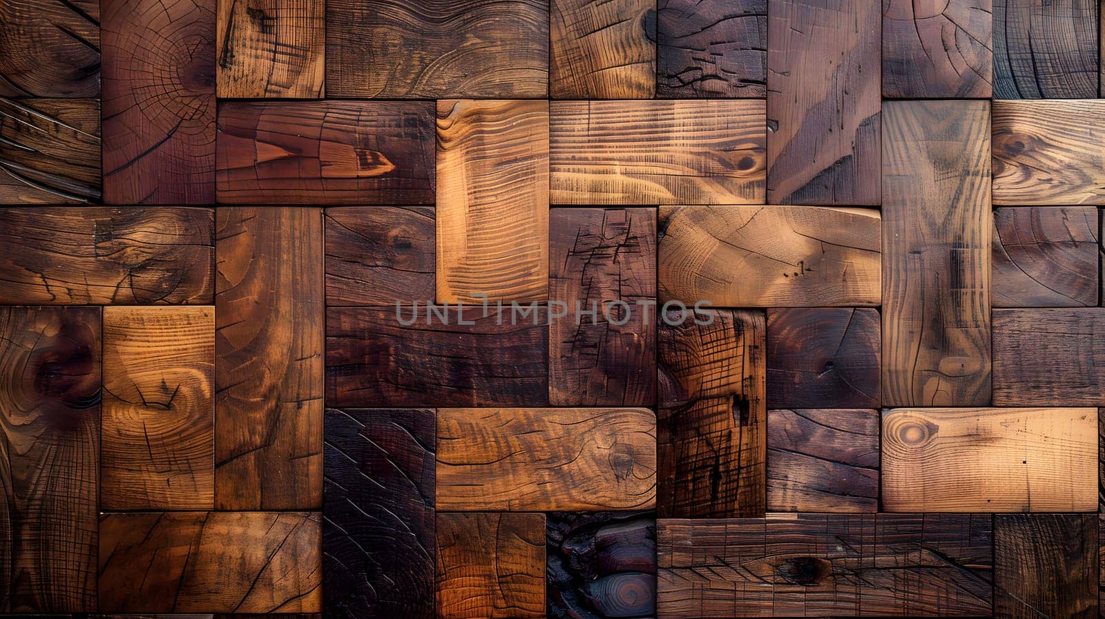 A visually striking painting of a wooden wall composed of brown wooden tiles is showcased at the art event. The intricate rectangle pattern and electric blue accents stand out against the darkness