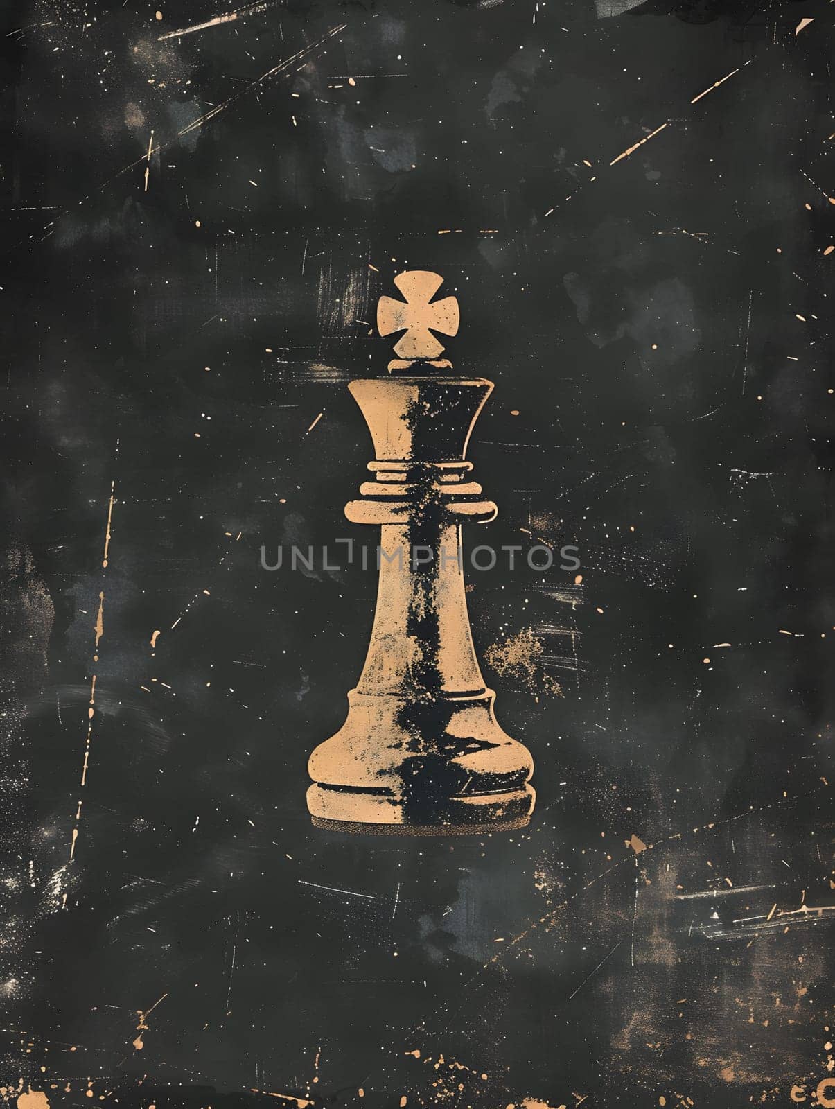 A stylized king chess piece, with intricate detailing and shading, set against a dark black background. The design exudes elegance and symmetry, resembling a piece of art