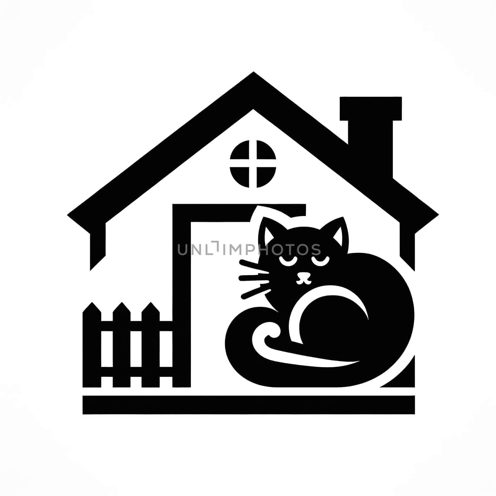 Black and white icon of cat and house. High quality photo. Home is where the cat is.