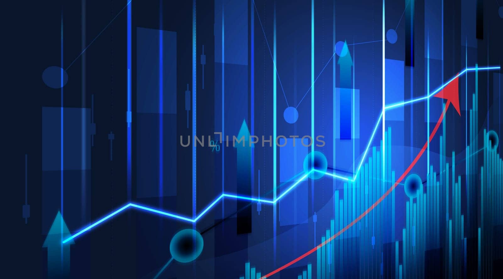 Financial chart with growing indicators, growth dynamics in business. High margin. Blue background