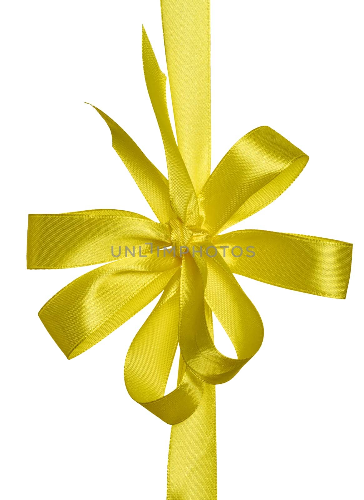 Knotted yellow silk ribbon in a bow on an isolated background, by ndanko