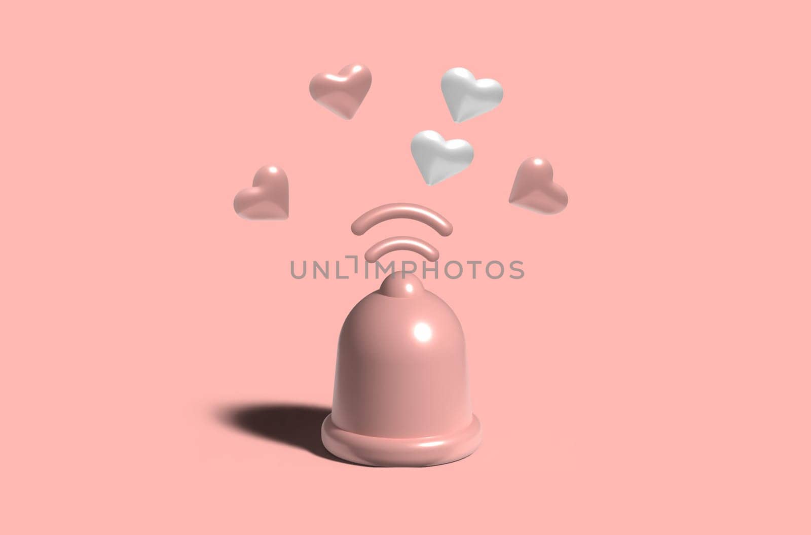 Pink bell and heart notifications, 3D rendering illustration