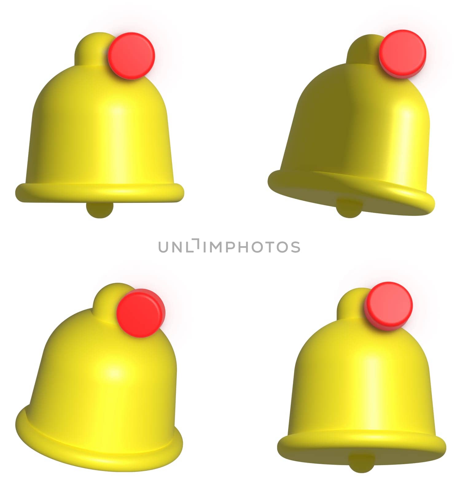 Yellow notification bells with red stripes on isolated background, 3D rendering illustration