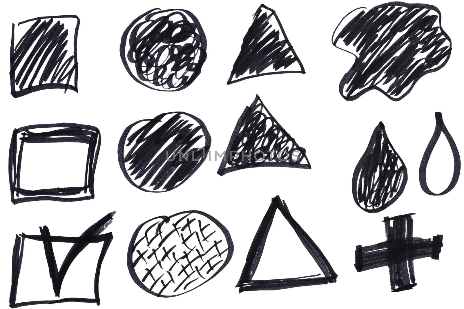 Various figures drawn by hand with a black felt-tip pen on an isolated background by ndanko