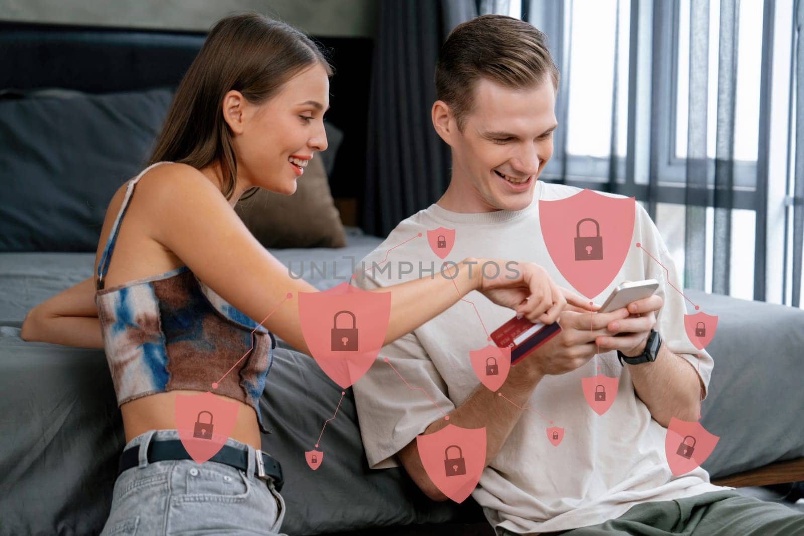 Female and male customer watch laptop consulting. user open hologram graphic interface of protection application using credit card, cashless technology, for security system authentication. Cybercash.