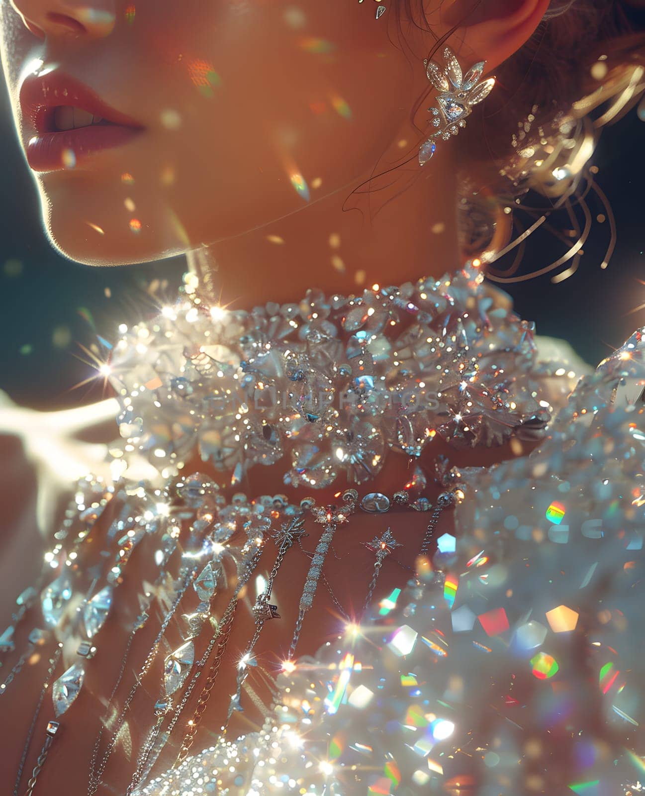 A closeup of a woman wearing a necklace and earrings that shimmer like Christmas ornaments. The jewelry glistens like liquid drops on glass, adding a touch of moisture and glitter to her appearance