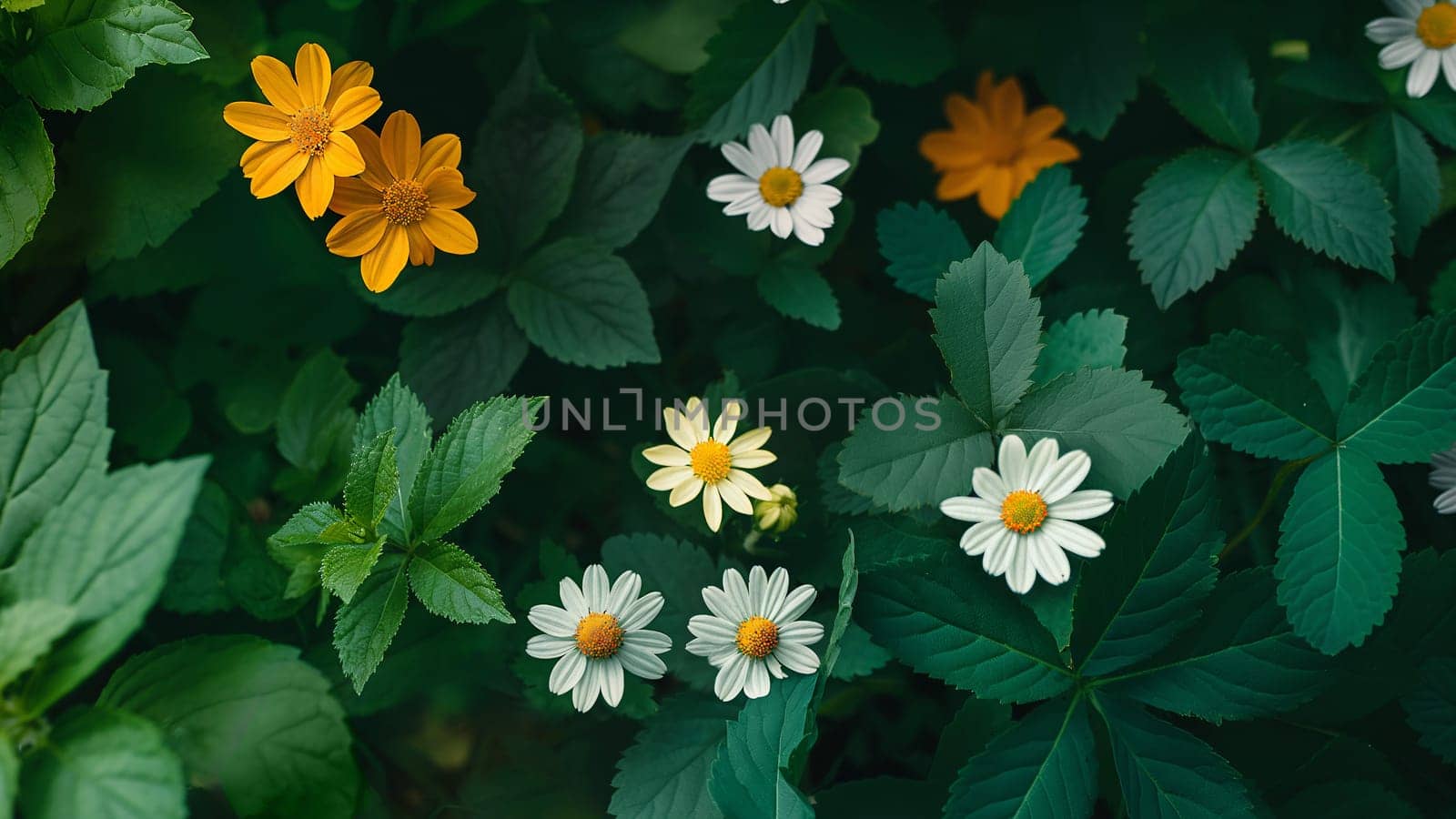 A lush bed of green foliage is punctuated by the bright orange and white petals of wildflowers, revealing the diversity of a garden or meadow - Generative AI