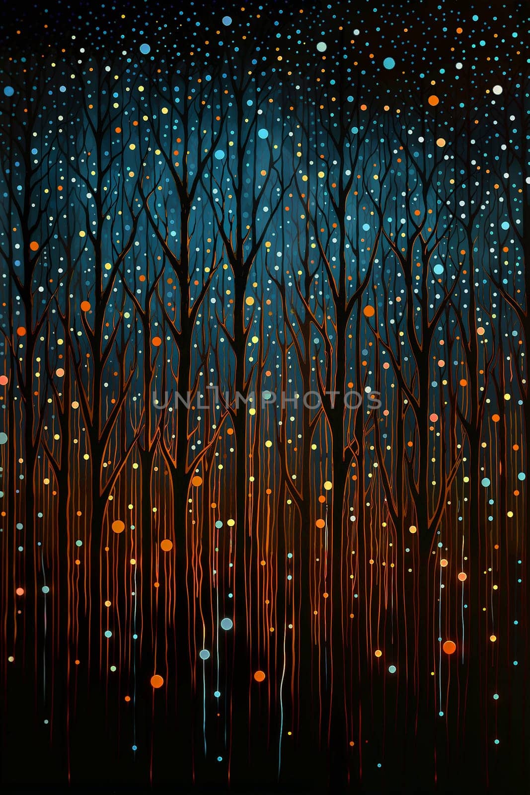 A captivating illustration depicts slender trees reaching upward towards a star-filled night sky, with hints of light implying a magical ambiance - Generative AI