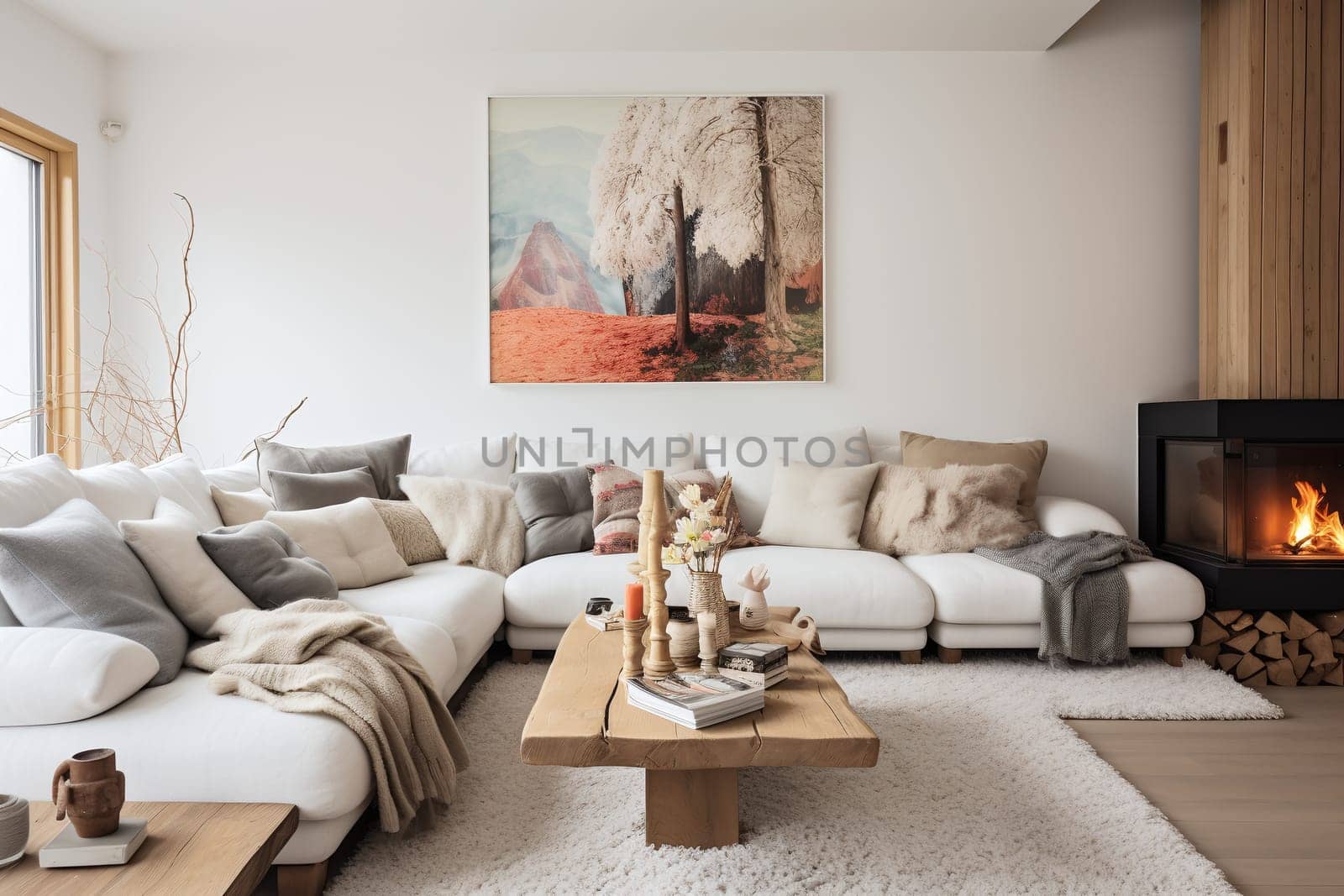 A modern living room adorned with a plush sectional sofa, warm fireplace, and wood accents creating a serene and welcoming atmosphere - Generative AI