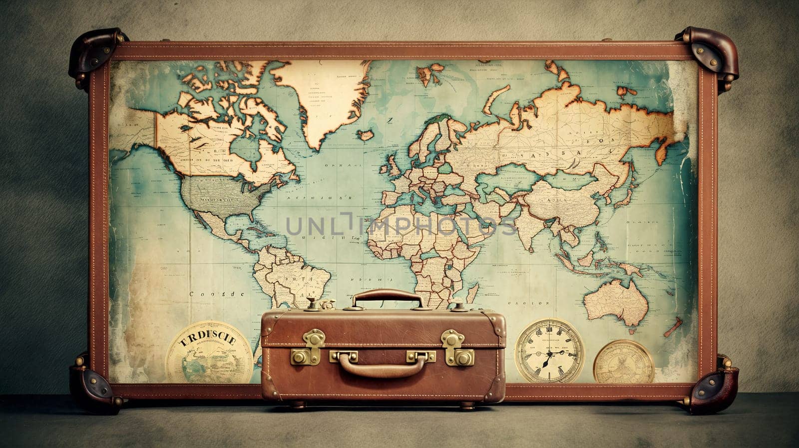 A retro-styled world map displayed inside a suitcase with an old-fashioned leather briefcase and clock in front, evoking themes of travel and exploration - Generative AI