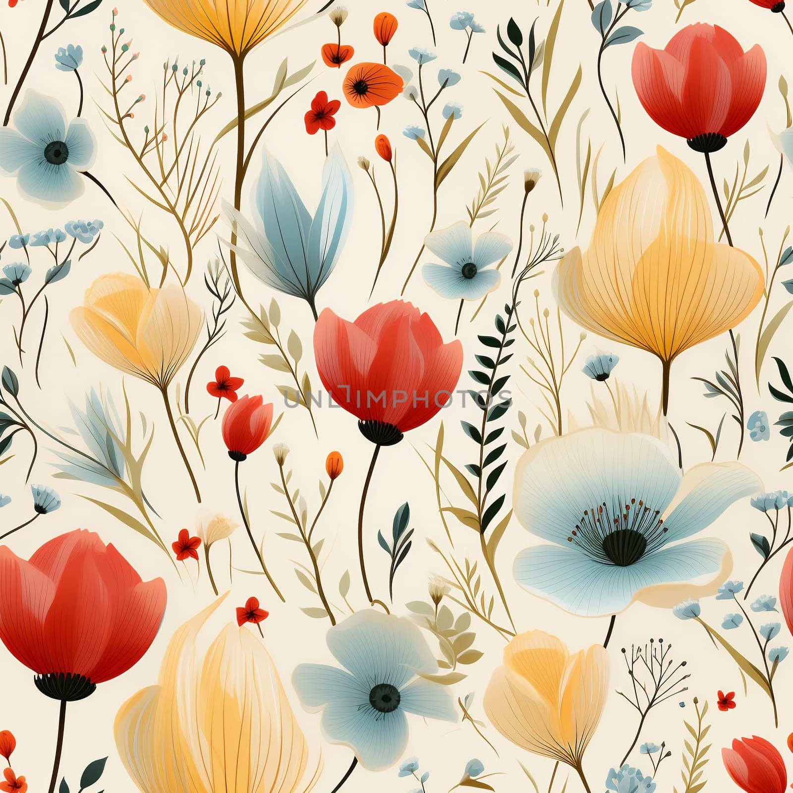 Seamless pattern tile background flowers and floral leaves plants by Nadtochiy