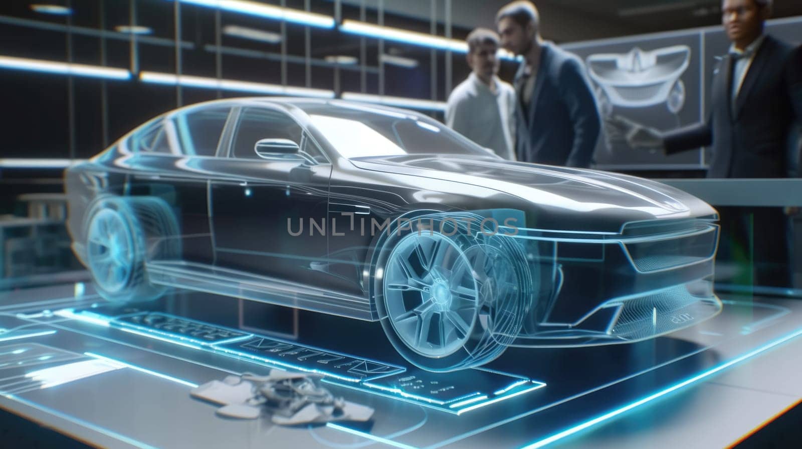 A futuristic car design is presented in a virtual showroom, illuminated by neon lights and showcasing the latest in automotive technology. AIG41