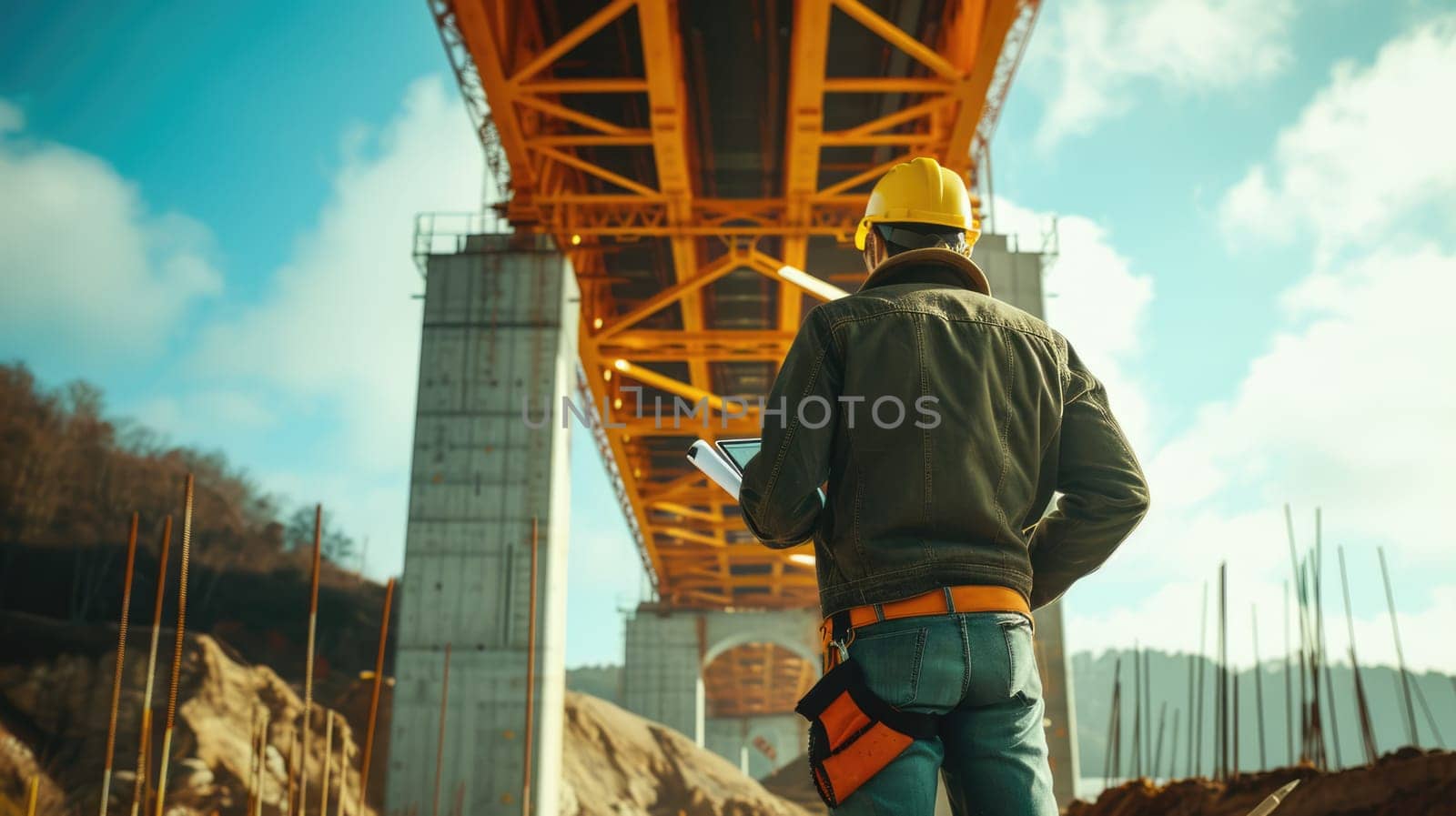 Professional civil engineer holding project plan while inspect bridge while wearing safety helmet. Skilled architect looking at blue print and standing at building structure or construction. AIG42.