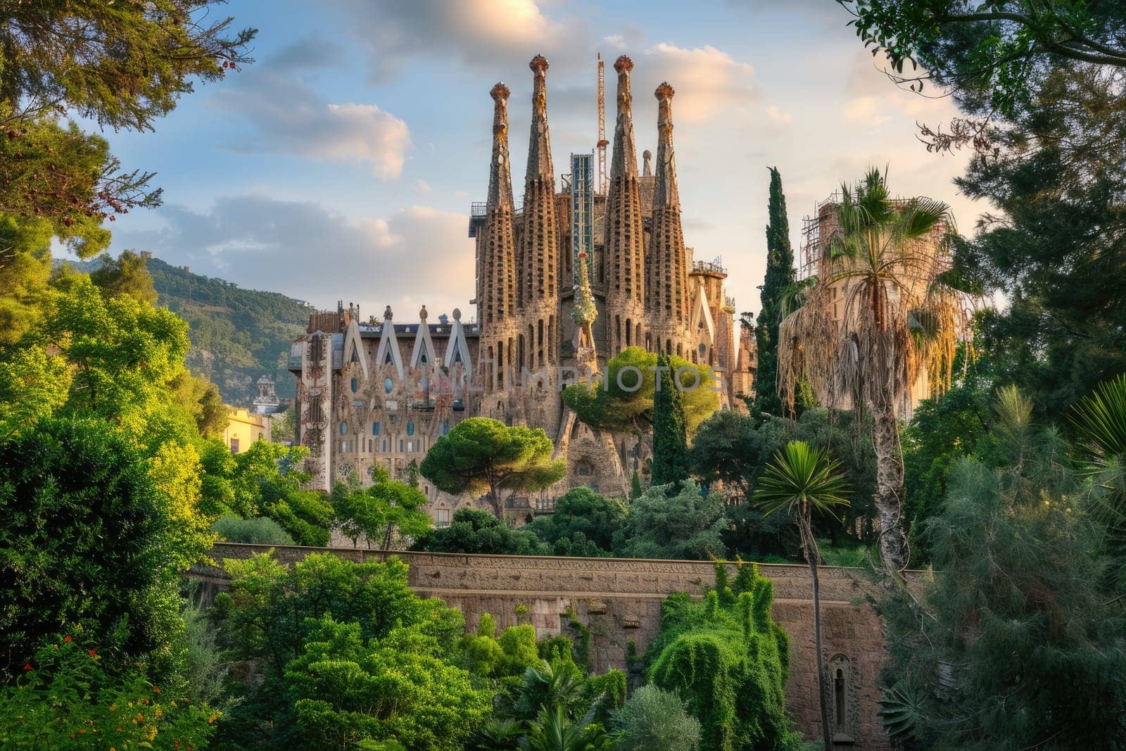 A breathtaking image captures the beauty of Sagrada Familia Cathedral in Barcelona, an architectural marvel at sunrise AIG59