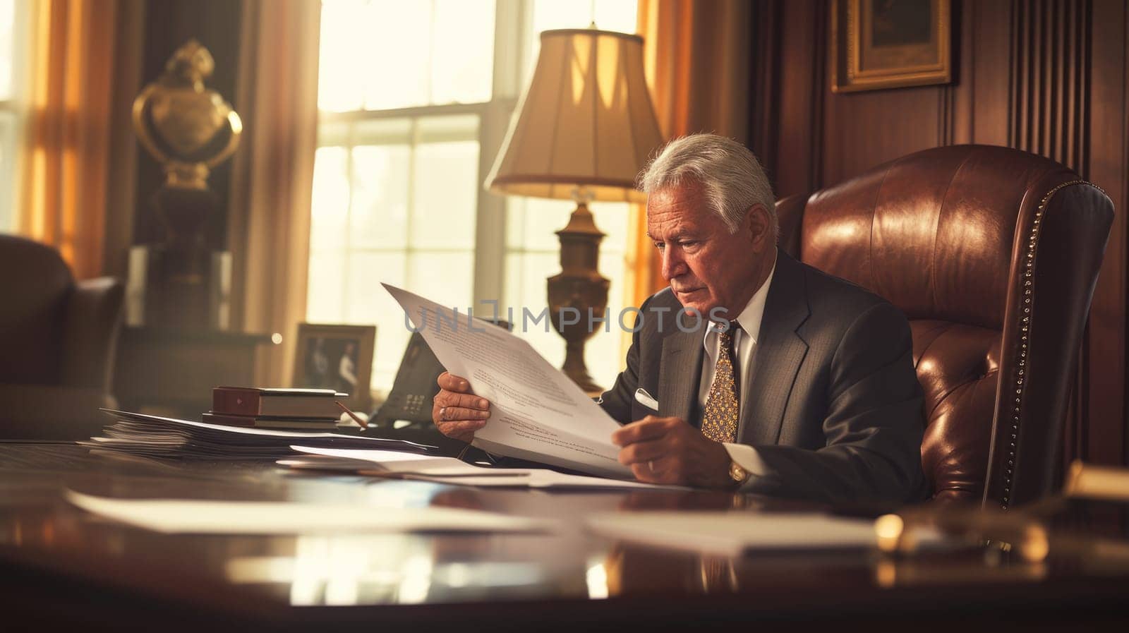 A focused executive evaluates paperwork in the prestigious setting of a wood-paneled office, reflecting professionalism and determination. AIG41