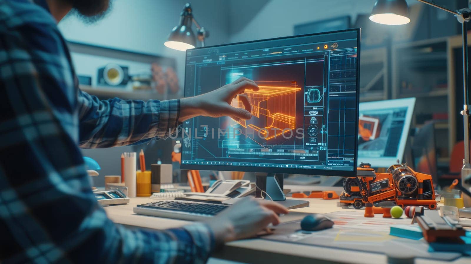 Professional digital engineer using Artificial intelligent and digital holographic to design product at modern studio. Attractive designer or inventor invent the creative innovation technology. AIG42.