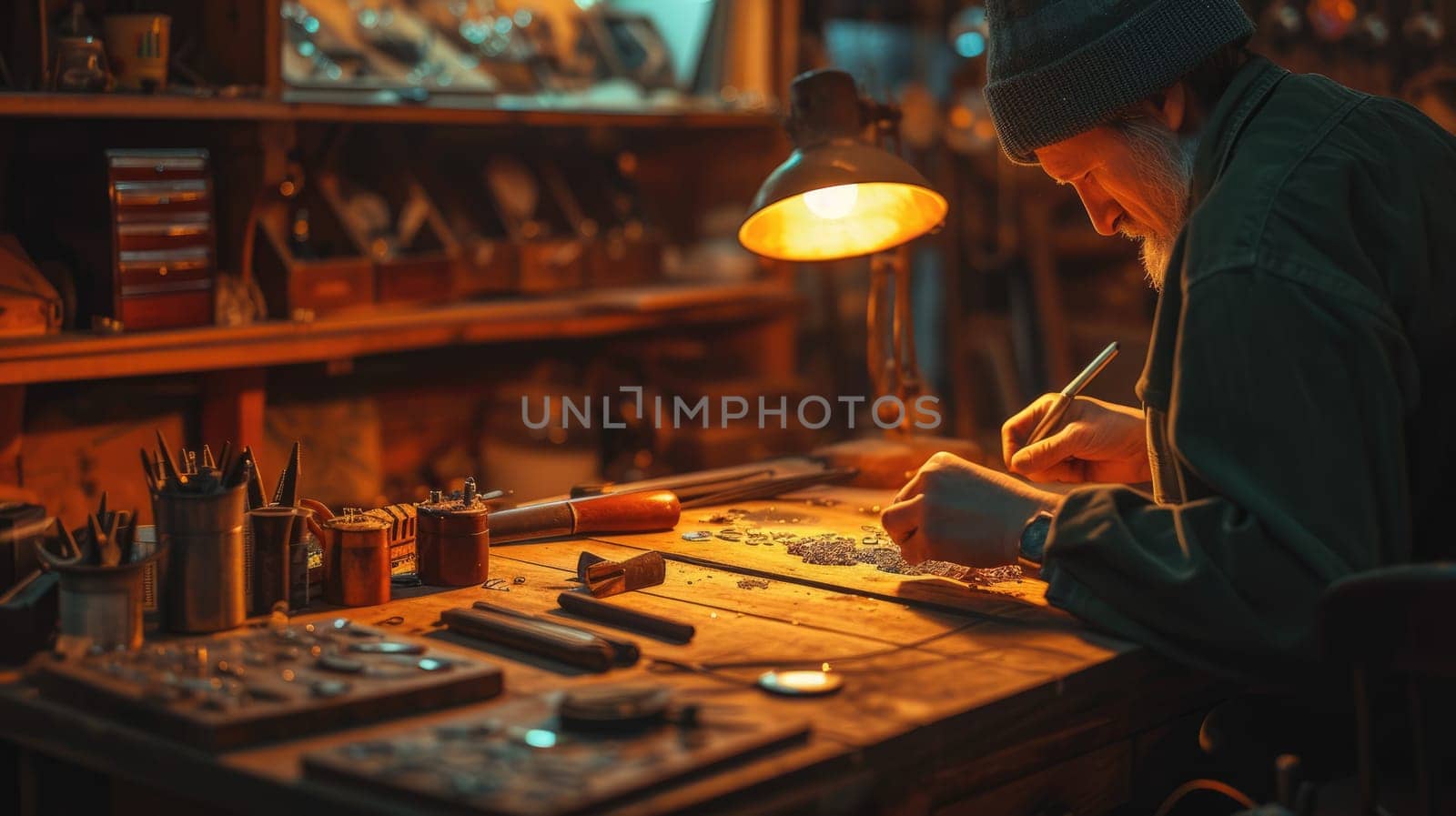 A woman is sitting at a desk in a workshop, building and working on a piece of equipment with fun and sharing in an art room. AIG41