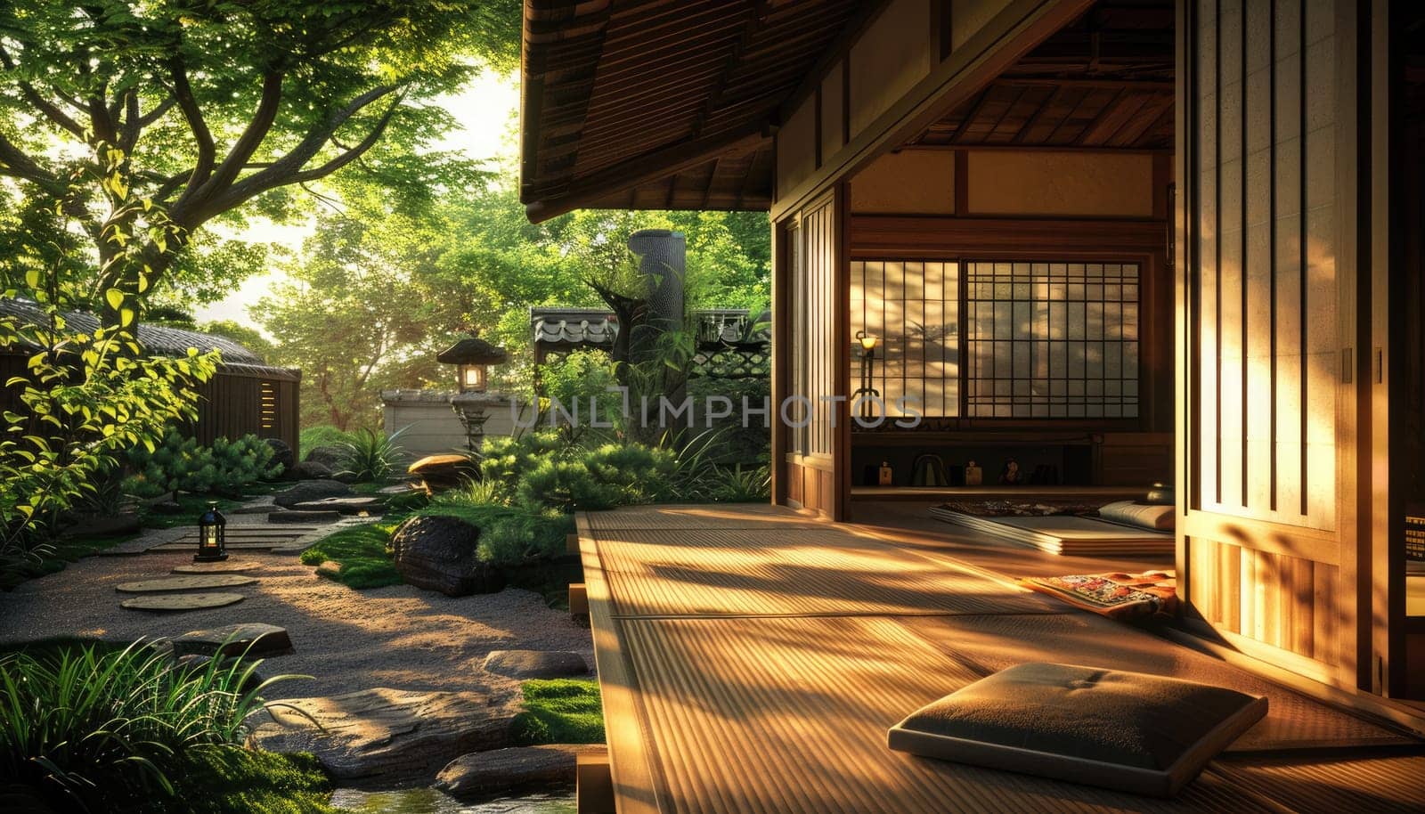 Japanese Zen garden with sliding doors creates peaceful ambiance and tranquility with lush greenery, fostering calmness AIG59