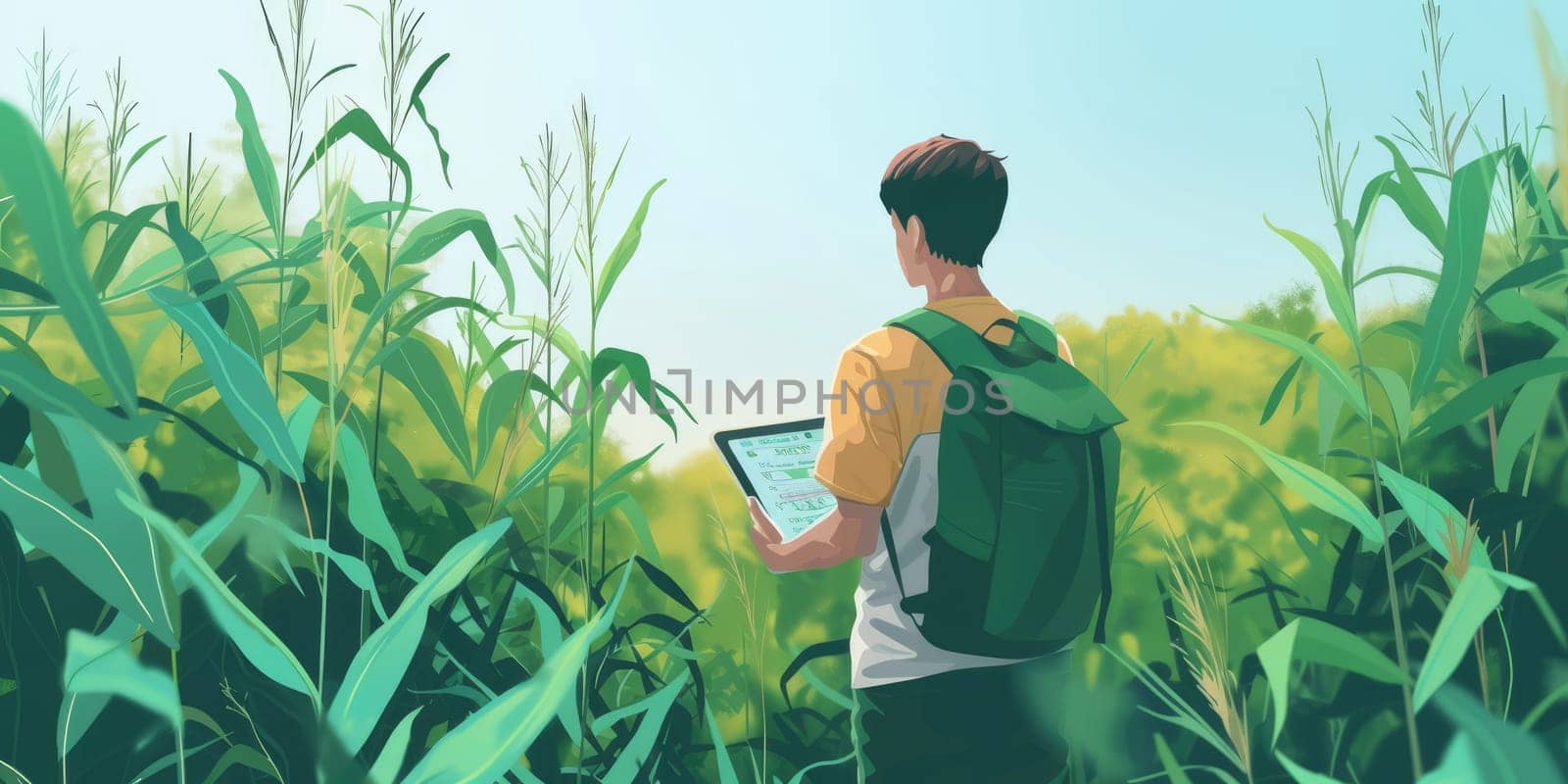 Environmental engineer holding tablet and analyzing agricultural product while standing at farm. Professional agricultural worker looking at data and checking crop by using tablet at field. AIG42.