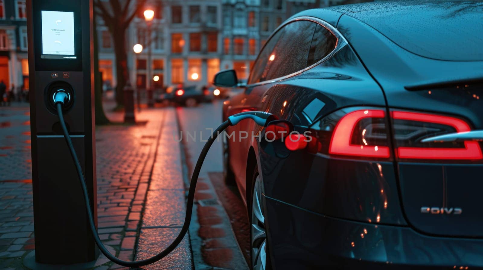 An electric vehicle is being charged at a station, while its wheels, tires, and alloy wheels rest peacefully under the hood. AIG41