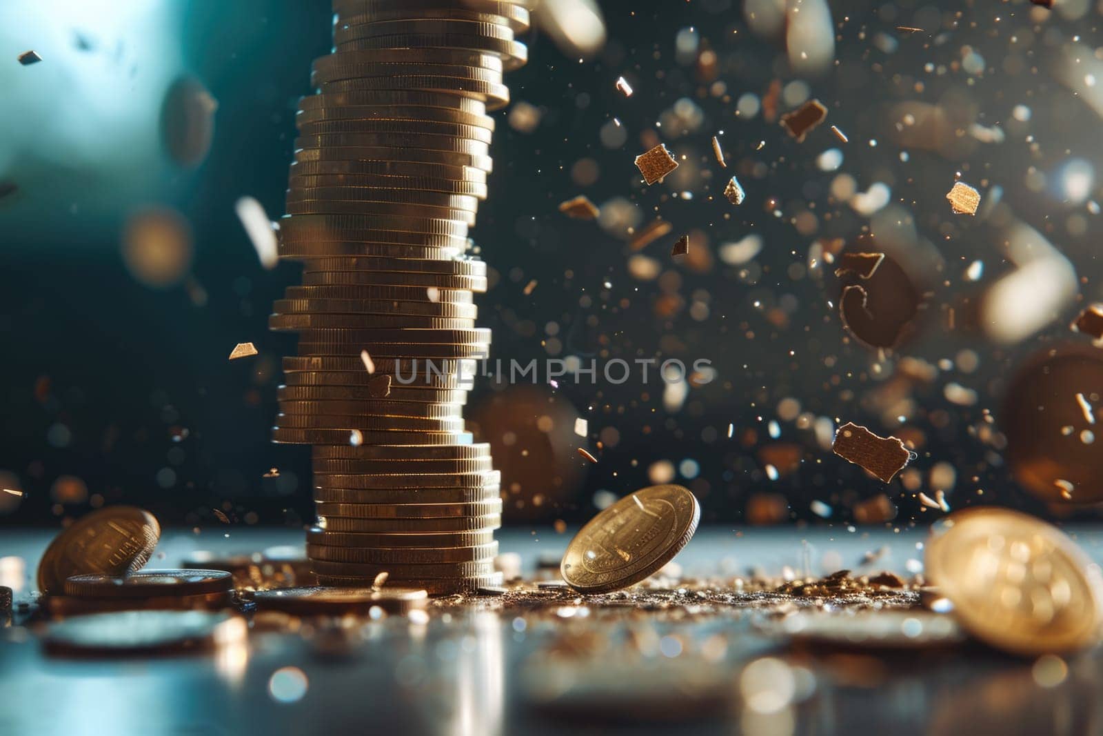 Economic downturn, debt crisis and market crash concept shown by shattering coins AIG41