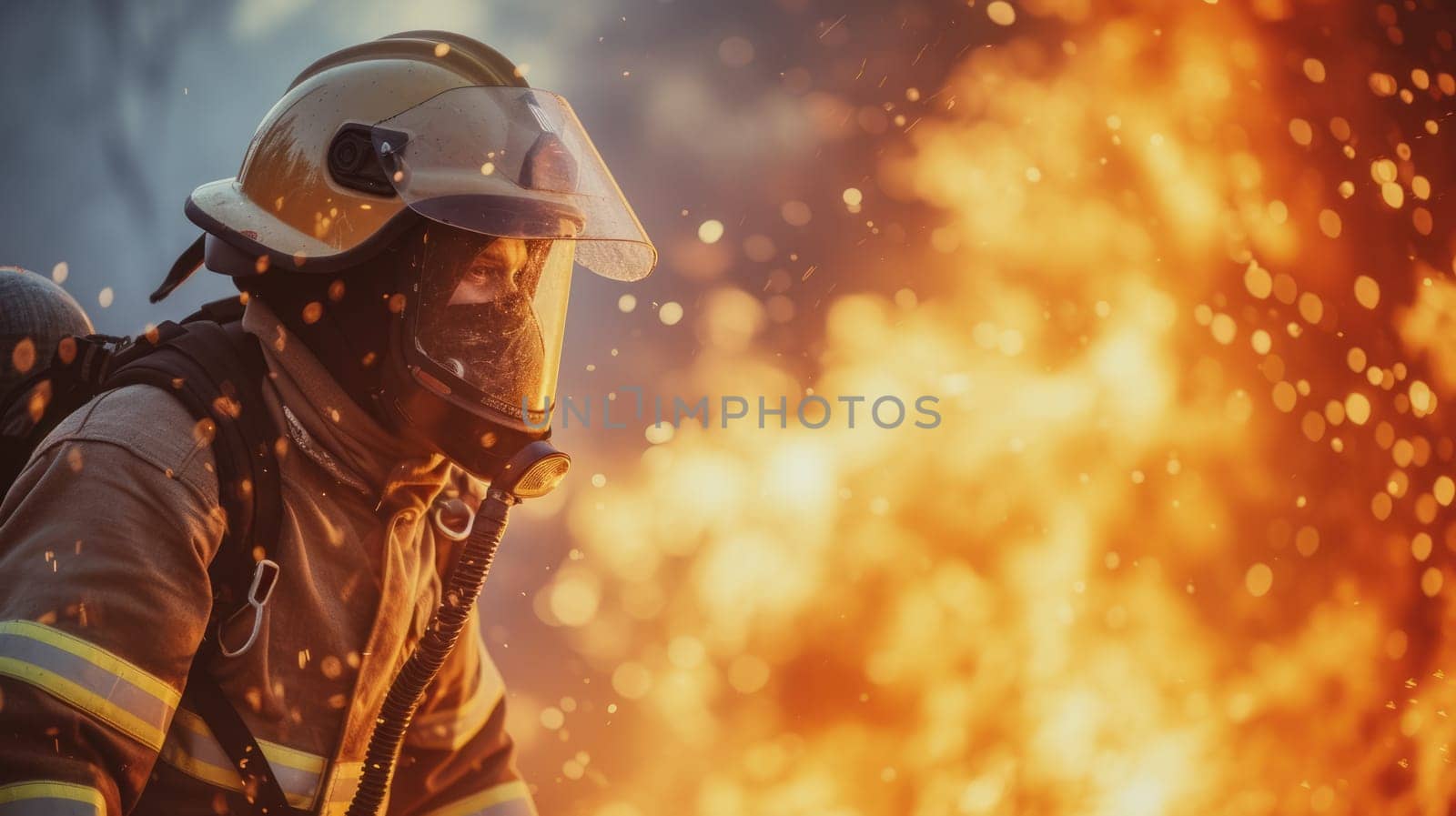 Portrait of firefighter wearing safety gear and walking at place surrounded with smoke and prepare to put out fire. Close up of energetic officer wearing protective cloth and survive in fire. AIG42.