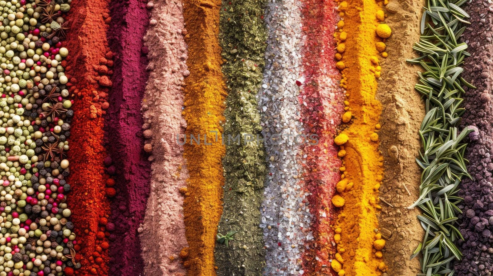 A beautiful array of vibrant spices and herbs seen from above, displaying a variety of rich textures and colors. AIG53M