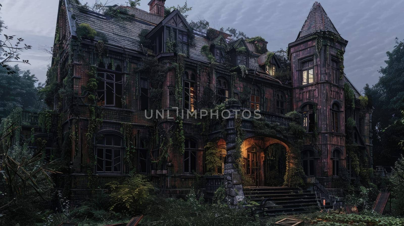 The gothic haunted mansion, surrounded by vegetation, feels spooky and mysterious, creating an eerie atmosphere AIG59