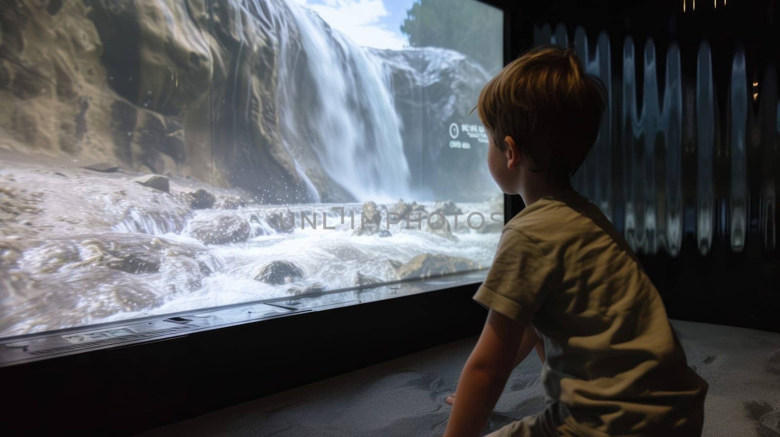 Smart children learning about science while hydroelectric innovation at exhibition or museum. Diverse attractive kid or elementary student looking at innovation. Creative learning concept. AIG42.