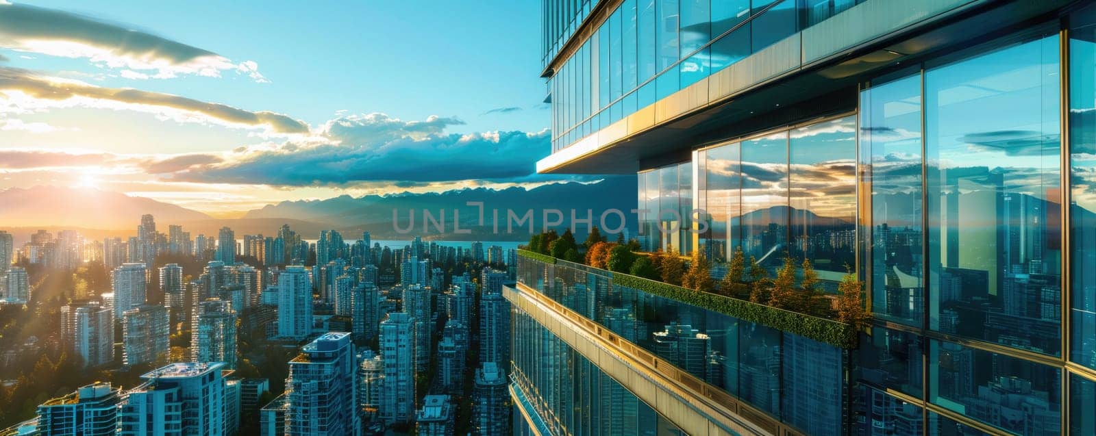 Marvel at the stunning skyline from a highrise with a rooftop garden in the bustling cityscape under the vast blue sky AIG59